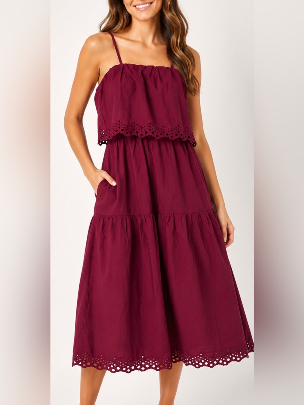 NWT Women M Burgundy 100% Cotton Eyelet Tiered Midi Dress Boho Cottagecore